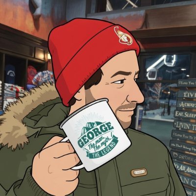 George con gorro rojo, parka y taza que dice GEORGE — The man, the myth, the legend